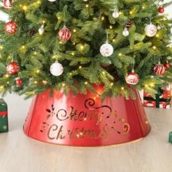 Glitzhome® Red 26" LED Merry Christmas Cutout Metal Tree Collar 13 Glitzhome® Red 26" LED Merry Christmas Cutout Metal Tree Collar -Holiday Glow D479548S 2