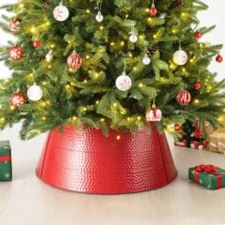 Glitzhome® 22" Hammered Metal Tree Collar Red 13 Glitzhome® 22" Hammered Metal Tree Collar Red -Holiday Glow D479552S 2