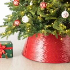 Glitzhome® 22" Hammered Metal Tree Collar Red 14 Glitzhome® 22" Hammered Metal Tree Collar Red -Holiday Glow D479552S 3