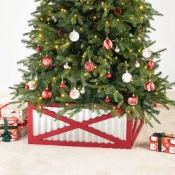 Glitzhome® Silver & Red 26" Corrugated Metal & Wooden Tree Collar 13 Glitzhome® Silver & Red 26" Corrugated Metal & Wooden Tree Collar -Holiday Glow D479569S 2