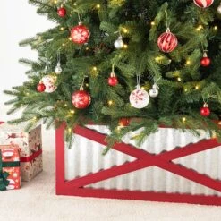 Glitzhome® Silver & Red 26" Corrugated Metal & Wooden Tree Collar 14 Glitzhome® Silver & Red 26" Corrugated Metal & Wooden Tree Collar -Holiday Glow D479569S 3