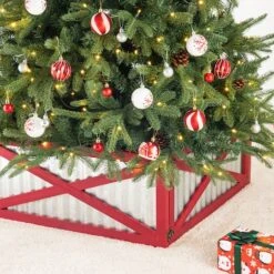 Glitzhome® Silver & Red 26" Corrugated Metal & Wooden Tree Collar 15 Glitzhome® Silver & Red 26" Corrugated Metal & Wooden Tree Collar -Holiday Glow D479569S 4