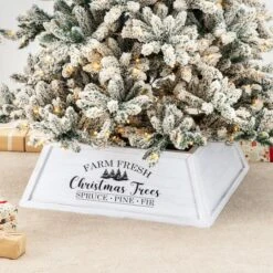 Glitzhome® White 26" Farm Fresh Christmas Trees Wooden Trapezoid Tree Collar -Holiday Glow D479572S 2