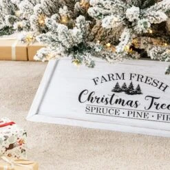 Glitzhome® White 26" Farm Fresh Christmas Trees Wooden Trapezoid Tree Collar -Holiday Glow D479572S 3
