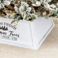 Glitzhome® White 26" Farm Fresh Christmas Trees Wooden Trapezoid Tree Collar -Holiday Glow D479572S 4