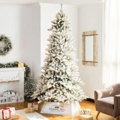 Glitzhome® White 26" Farm Fresh Christmas Trees Wooden Trapezoid Tree Collar -Holiday Glow D479572S 6