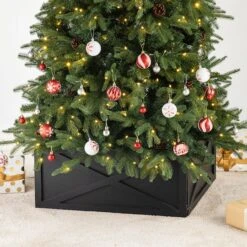 Glitzhome® 22" Wooden Tree Collar Washed Black -Holiday Glow D479576S 2
