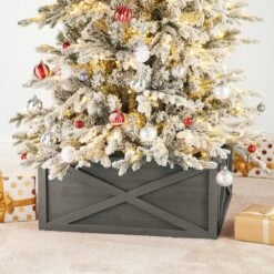 Glitzhome® 26" Warm Gray Wooden Tree Collar 13 Glitzhome® 26" Warm Gray Wooden Tree Collar -Holiday Glow D479577S 2