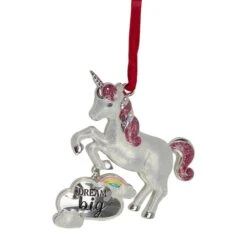 Northlight White And Silver Glitter Dream Big Unicorn Enamel Ornament