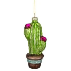 Northlight Green And Pink Potted Cactus Glass Ornament -Holiday Glow D491059S 4