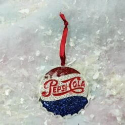 Northlight 3" Sequined & Glitter Blue & Red "PEPSI COLA" Bottle Cap Logo Christmas Ornament -Holiday Glow D491086S 12