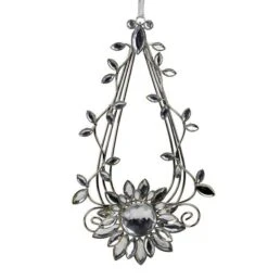 7" Silver Flower Jeweled Teardrop Christmas Ornament -Holiday Glow D491090S 2