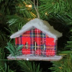 Northlight 4.5" Frosted & Glittered Red & White Plaid Snow Covered Cabin Christmas Ornament -Holiday Glow D491183S 5