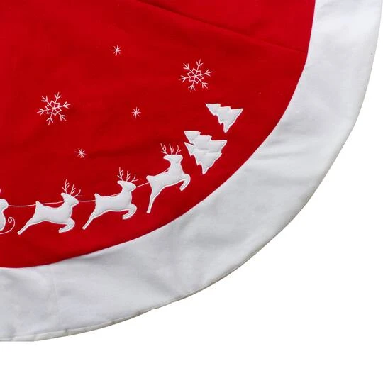 Northlight 48" Red Sleigh & Reindeer Embroidered Christmas Tree Skirt 6 Northlight 48" Red Sleigh & Reindeer Embroidered Christmas Tree Skirt - Image 4