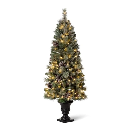 5ft. Pre-Lit Flocked Pine Artificial Christmas Tree In Black Urn, Warm White Lights 3 5ft. Pre-Lit Flocked Pine Artificial Christmas Tree In Black Urn, Warm White Lights