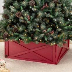 Glitzhome® 32" Red Wooden Tree Collar -Holiday Glow D652301S 3