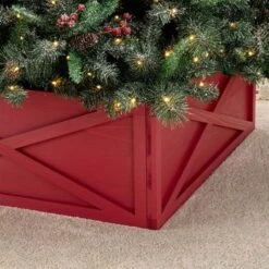 Glitzhome® 32" Red Wooden Tree Collar -Holiday Glow D652301S 7