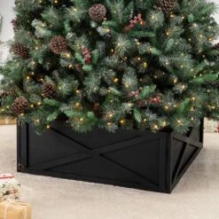 Glitzhome® 32" Black Wooden Tree Collar 14 Glitzhome® 32" Black Wooden Tree Collar -Holiday Glow D652302S 3