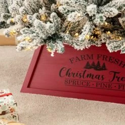 Glitzhome® 32" Red Trapezoid Farm Fresh Christmas Tree Collar 17 Glitzhome® 32" Red Trapezoid Farm Fresh Christmas Tree Collar -Holiday Glow D652306S 6