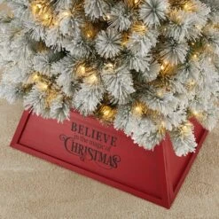 Glitzhome® 32" Red Trapezoid Believe In The Magic Christmas Tree Collar -Holiday Glow D652307S 2