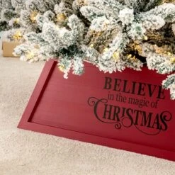 Glitzhome® 32" Red Trapezoid Believe In The Magic Christmas Tree Collar -Holiday Glow D652307S 4