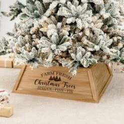 Glitzhome® 40" Natural Wooden Trapezoid Farm Fresh Christmas Tree Collar -Holiday Glow D652309S 3