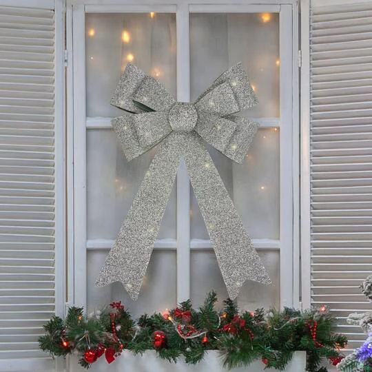 Northlight 24" LED Lighted Silver Tinsel Bow Christmas Decoration 5 Northlight 24" LED Lighted Silver Tinsel Bow Christmas Decoration - Image 3
