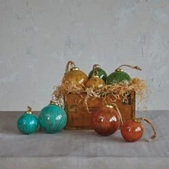 Hello Honey® 4" Green Hand-Marbled Glass Ball Ornament With Leather Hanger -Holiday Glow D758845S 2